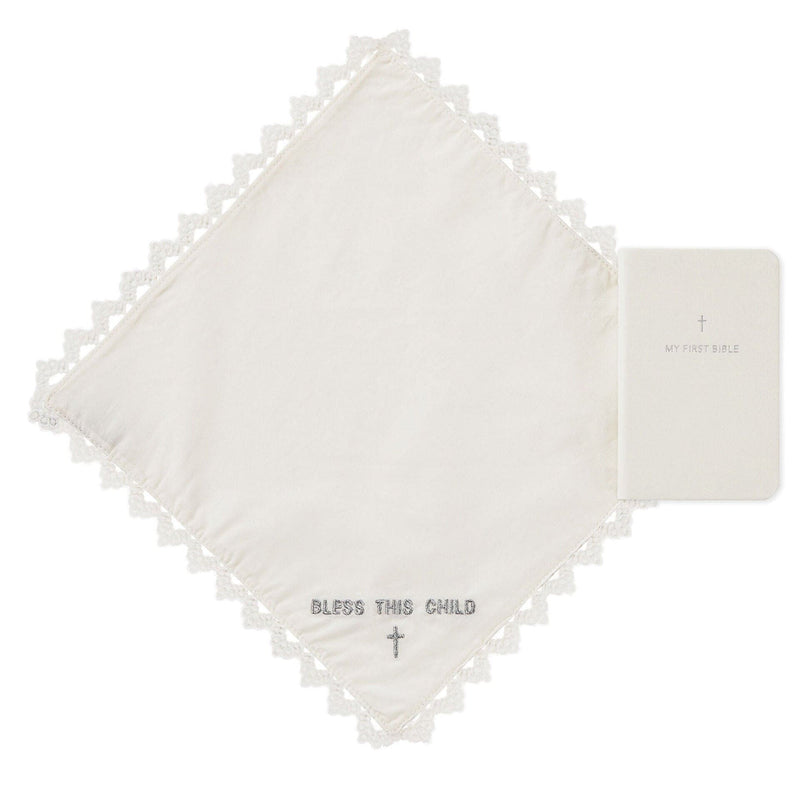 My First Bible Book with a commemorative handkerchief set, perfect for baby’s first Bible, featuring inspiring stories and a thoughtful keepsake.

