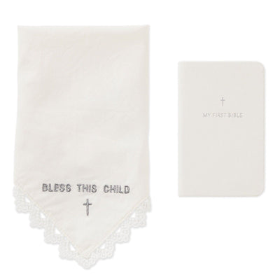 My First Bible Book with a commemorative handkerchief set, perfect for baby’s first Bible, featuring inspiring stories and a thoughtful keepsake.

