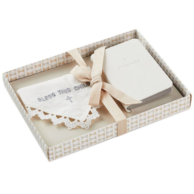 My First Bible Book with a commemorative handkerchief set, perfect for baby’s first Bible, featuring inspiring stories and a thoughtful keepsake.

