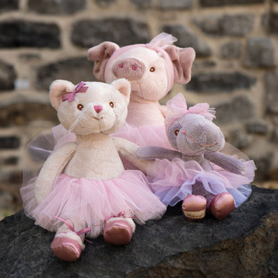 Plush hippo ballerina with a pink tutu, bow on her head, 6 inches tall, perfect for cuddling and play.

