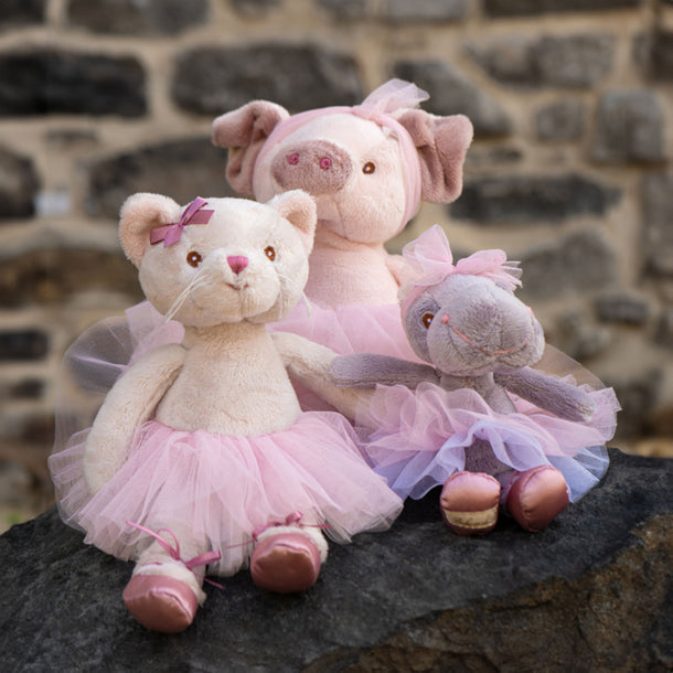 Plush hippo ballerina with a pink tutu, bow on her head, 6 inches tall, perfect for cuddling and play.

