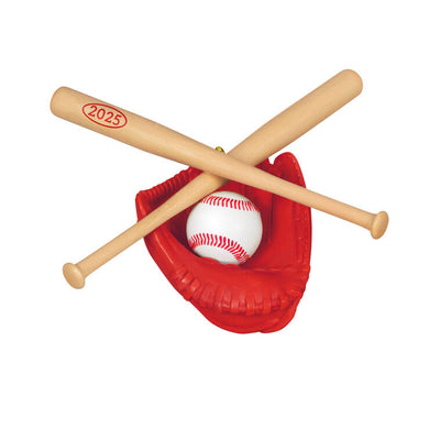 Red baseball glove ornament with 2025 baseball and crossed bats, celebrating the season’s MVP or favorite coach.