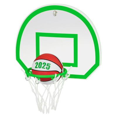2025 basketball ornament with neon green hoop and net, showing a ball dropping into the goal for sporty holiday decor.