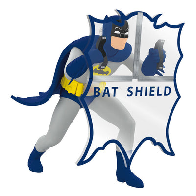 Batman ornament holding Bat-Shield from 1960s TV series, blue and gray costume with yellow accents, nostalgic superhero decoration