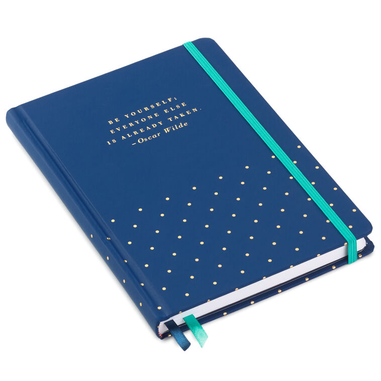 Navy blue hardback notebook with gold foil Oscar Wilde quote, mini gold polka dots, elastic band closure, two ribbon bookmarks, dot grid pages, Hallmark

