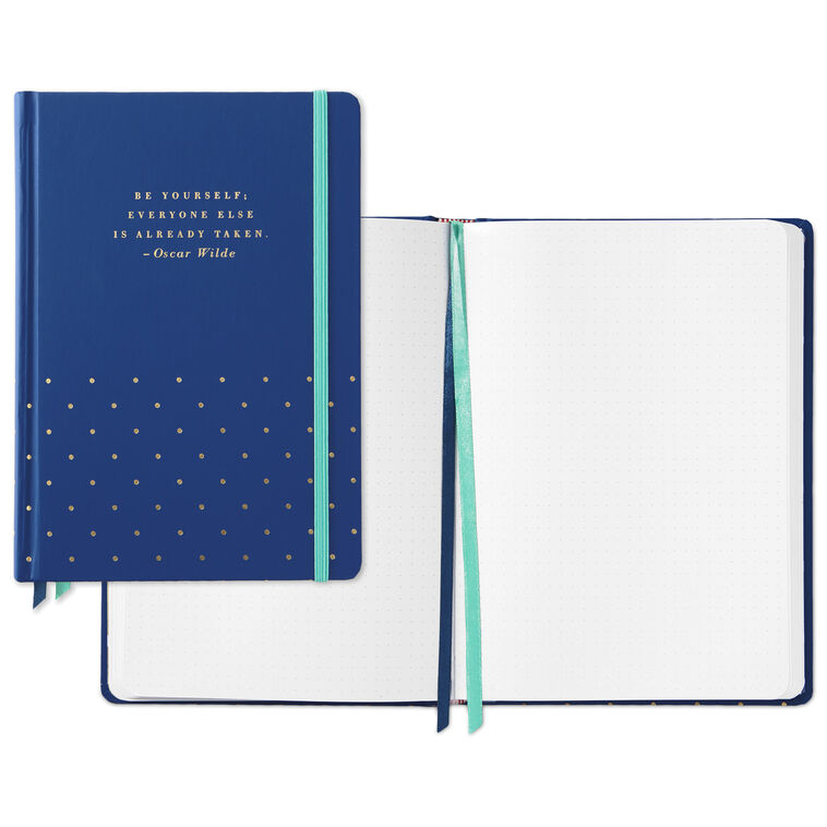 Navy blue hardback notebook with gold foil Oscar Wilde quote, mini gold polka dots, elastic band closure, two ribbon bookmarks, dot grid pages, Hallmark
