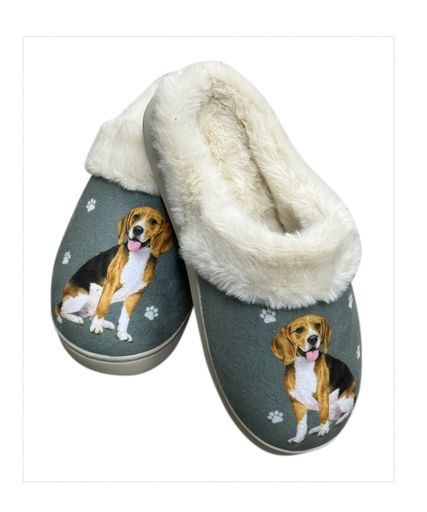 Beagle-themed slippers with brown, black, and white plush design, soft inner lining, and non-slip soles for indoor comfort.