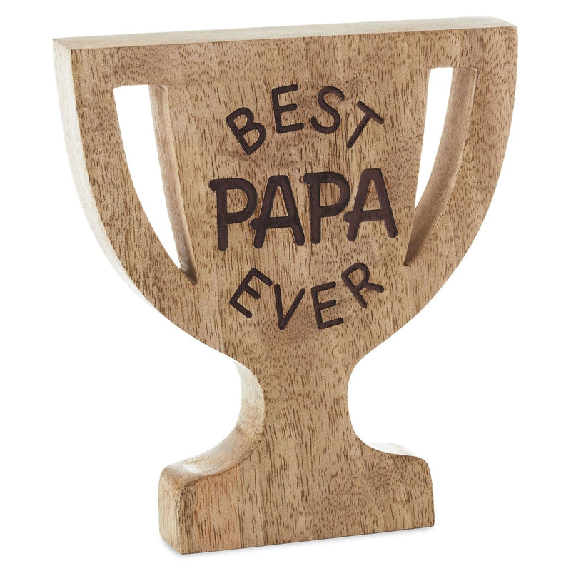 Trophy-shaped light-stained wood quote sign with etched "Best Papa Ever" message and keyhole hanger on back.

