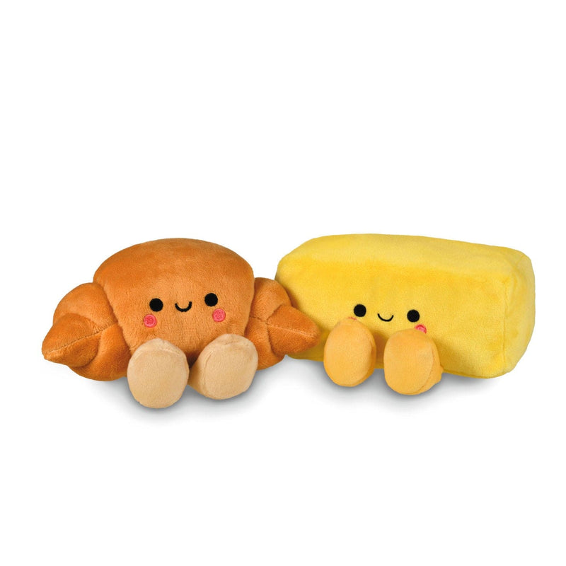 Croissant and butter plush toy pair with magnetic connection, embroidered details, and soft plush fabric.
