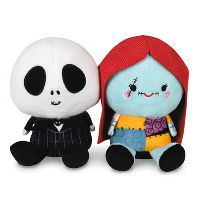 Two Disney’s The Nightmare Before Christmas plush ornaments. Jack Skellington, a long, thin skeleton, wears a black suit and bat bowtie. Zero, a ghost dog with glowing red eyes, floats beside him.