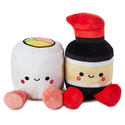Hallmark Better Together Sushi and Soy Sauce Magnetic Plush Set. It features a plush nigiri maki roll and a plush soy sauce bottle connected by a magnet