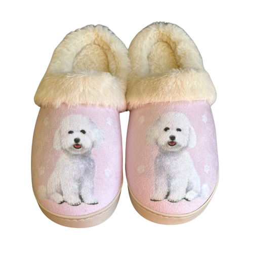 Bichon Frise-themed slippers with fluffy white plush design, soft lining, and non-slip soles.