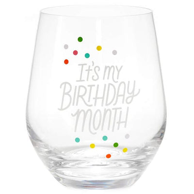 Hallmark birthday month gift set with blue embroidered tea towel and coordinating stemless wine glass, perfect for milestone 

