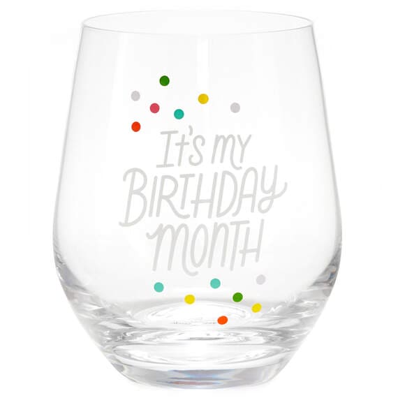 Hallmark birthday month gift set with blue embroidered tea towel and coordinating stemless wine glass, perfect for milestone 
