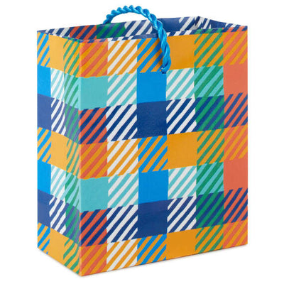 Mini gift card bag with blue, aqua, orange and yellow plaid pattern, perfect for gift cards, cash, or event tickets.


