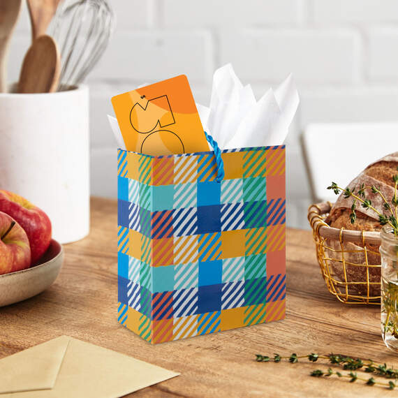 Mini gift card bag with blue, aqua, orange and yellow plaid pattern, perfect for gift cards, cash, or event tickets.


