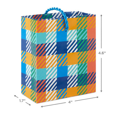 Mini gift card bag with blue, aqua, orange and yellow plaid pattern, perfect for gift cards, cash, or event tickets.

