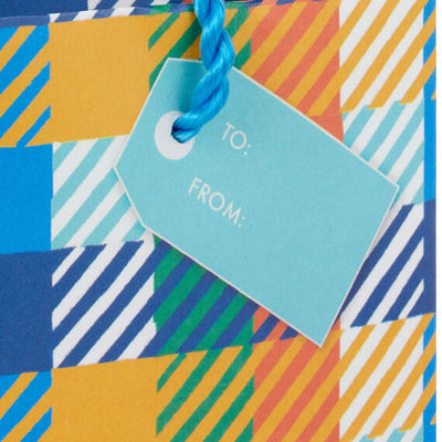 Mini gift card bag with blue, aqua, orange and yellow plaid pattern, perfect for gift cards, cash, or event tickets.

