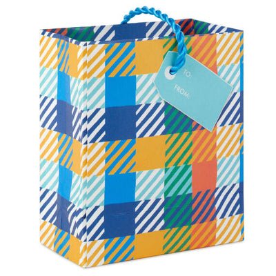 Mini gift card bag with blue, aqua, orange and yellow plaid pattern, perfect for gift cards, cash, or event tickets.

