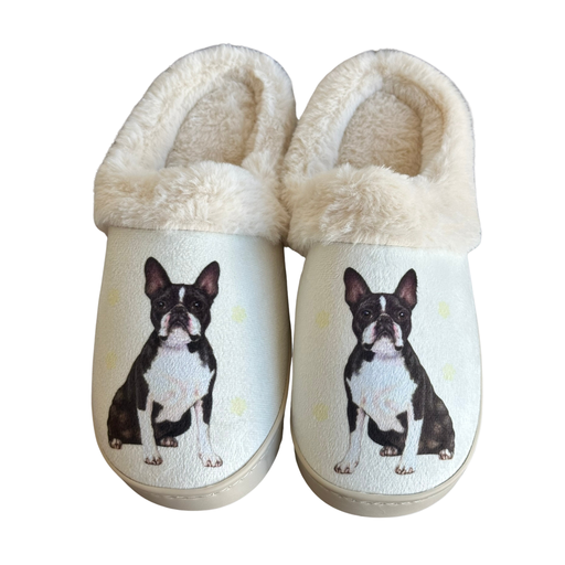 Boston Terrier-themed slippers with plush interior and non-slip soles in black and white.