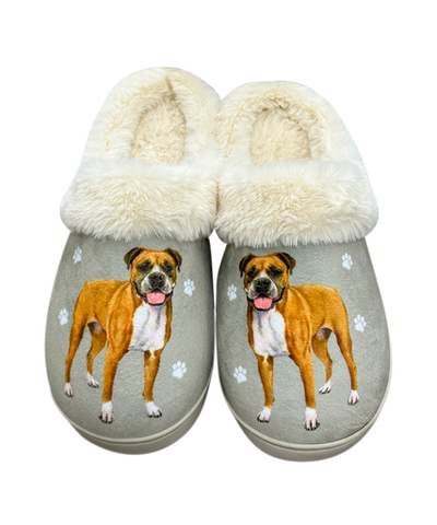 Boxer dog-themed slippers with plush interior, tan features, and non-slip soles.