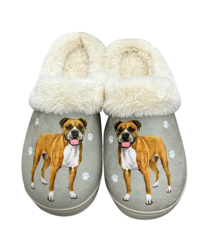 Boxer dog-themed slippers with plush interior, tan features, and non-slip soles.