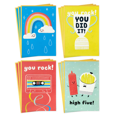 kids encouragement cards boxed set with rainbows, trophy, cassette tape, ketchup and fries, cheerful colors, pack of 12