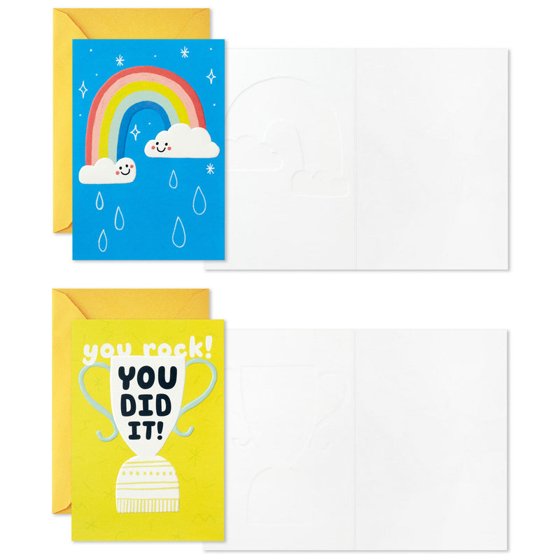 kids encouragement cards boxed set with rainbows, trophy, cassette tape, ketchup and fries, cheerful colors, pack of 12