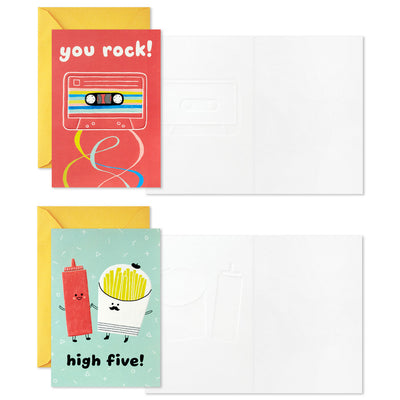 kids encouragement cards boxed set with rainbows, trophy, cassette tape, ketchup and fries, cheerful colors, pack of 12