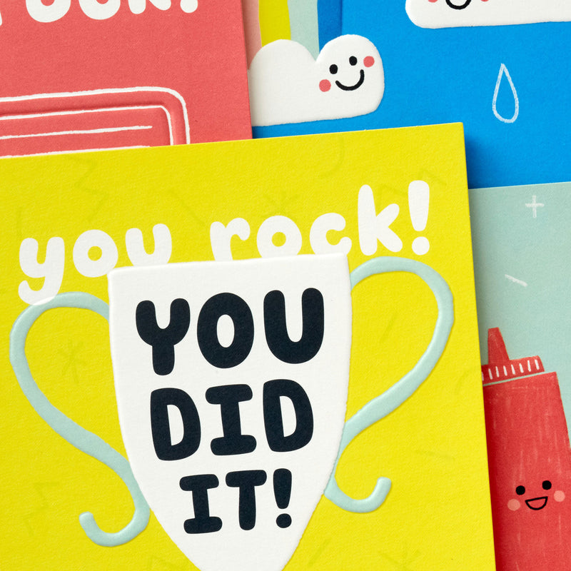 kids encouragement cards boxed set with rainbows, trophy, cassette tape, ketchup and fries, cheerful colors, pack of 12