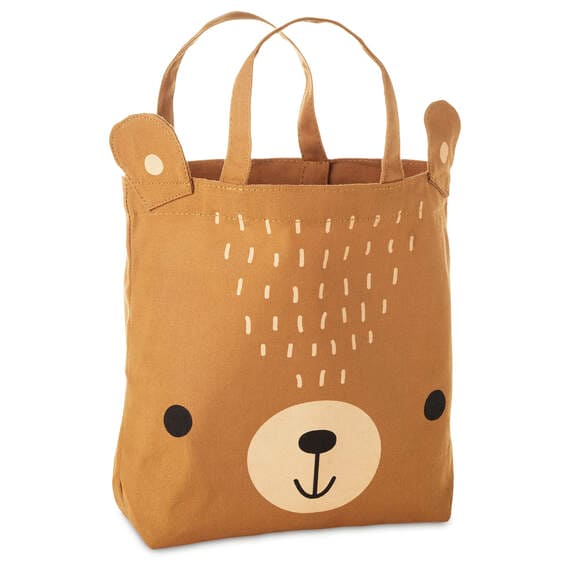 Hallmark brown bear fabric gift bag with screen-printed face and 3D ears, reusable canvas tote for children&