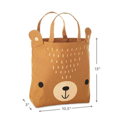 Hallmark brown bear fabric gift bag with screen-printed face and 3D ears, reusable canvas tote for children's gifts.
