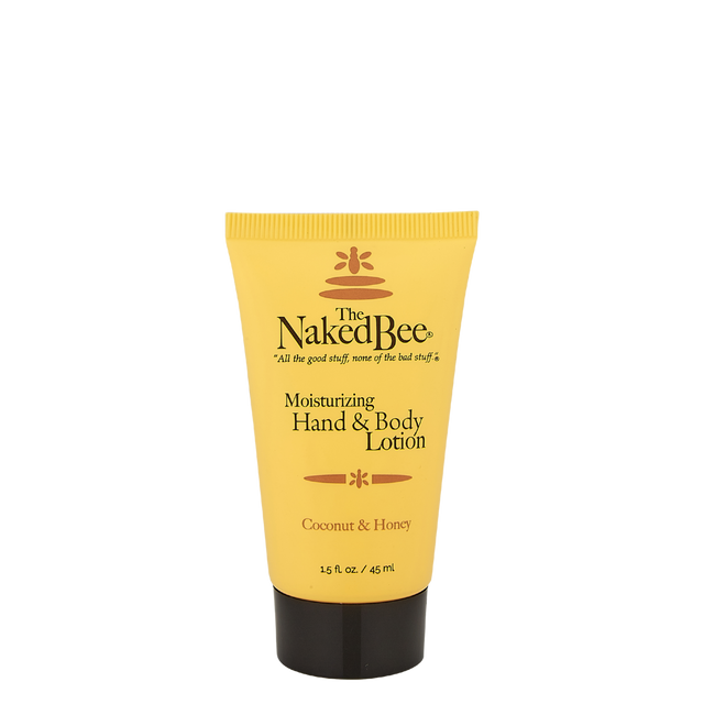 Naked Bee Travel Coconut & Honey Lotion 1.5 oz with aloe, sunflower oil, and hyaluronic acid for soft, hydrated skin on the go.
