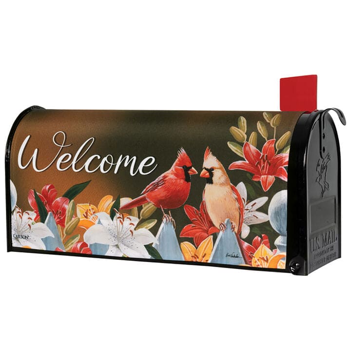Cardinal Pair mailbox cover with bright red cardinals and floral accents on durable weatherproof nylon