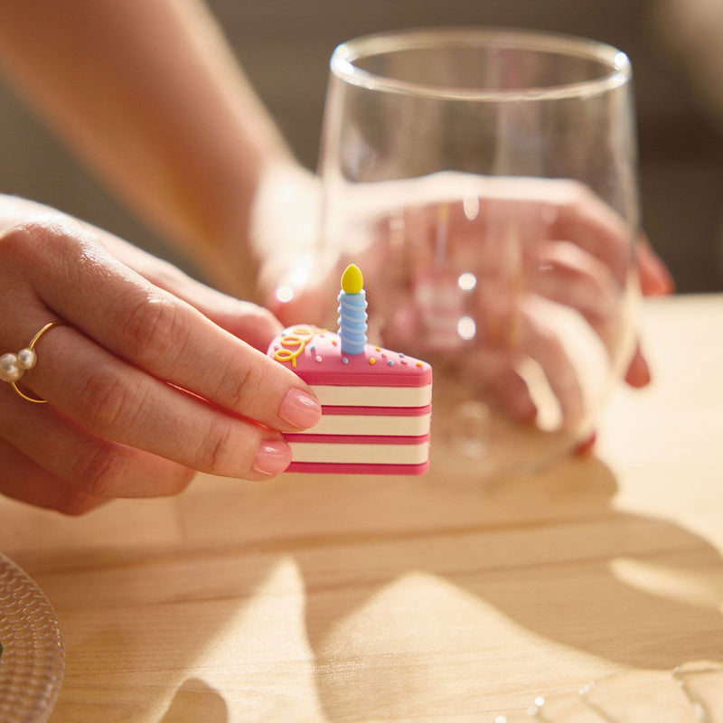 Hallmark Charmers pink and blue birthday cake silicone drink charm, perfect for birthday celebrations.

