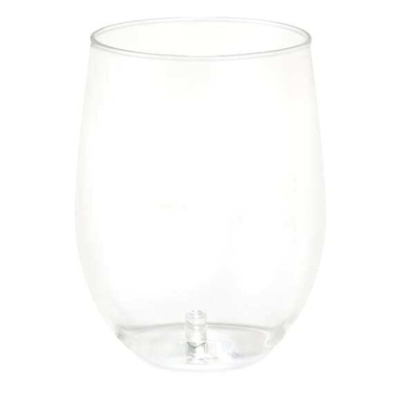 Hallmark stemless contour wine glass with charm post in base, holds 20 oz, dishwasher-safe.
