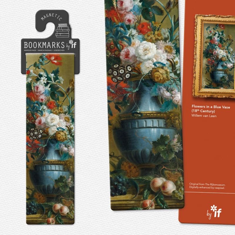 Magnetic bookmark featuring a classic still-life painting of colorful flowers in a vase with detailed vintage art style.