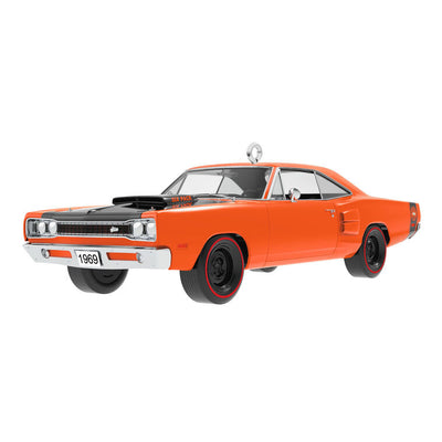 1969 Dodge Super Bee die-cast metal ornament in orange with black racing stripes, redline tires, and turning wheels.
