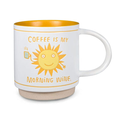 Ceramic mug with sun illustration and text “Coffee is my morning wine,” yellow interior and handle, 16 oz.
