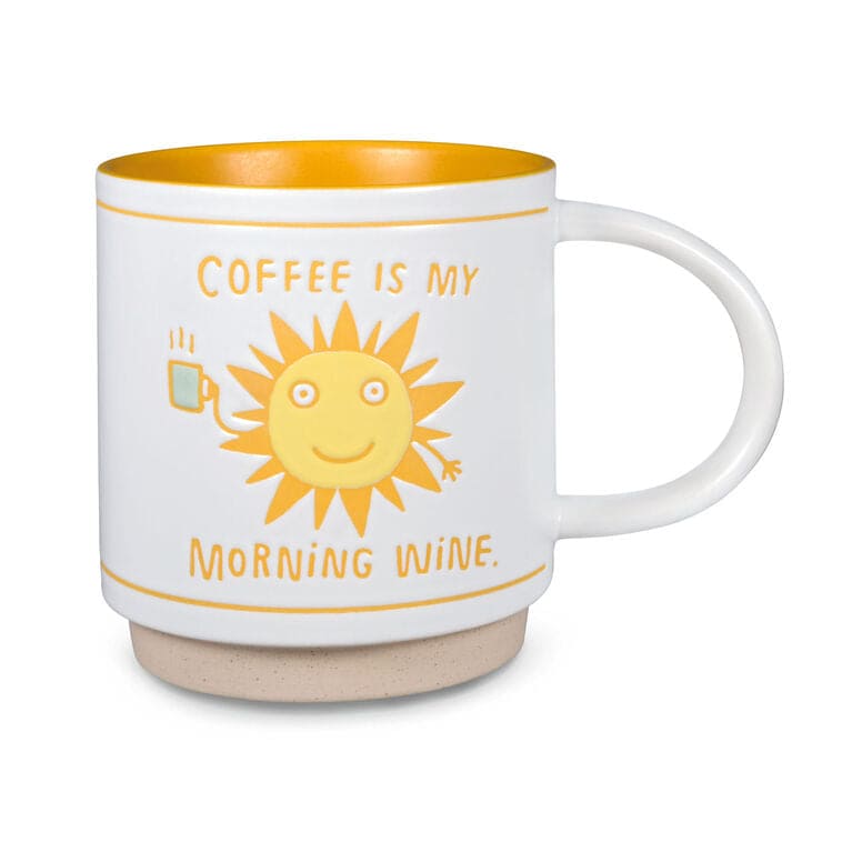 Ceramic mug with sun illustration and text “Coffee is my morning wine,” yellow interior and handle, 16 oz.
