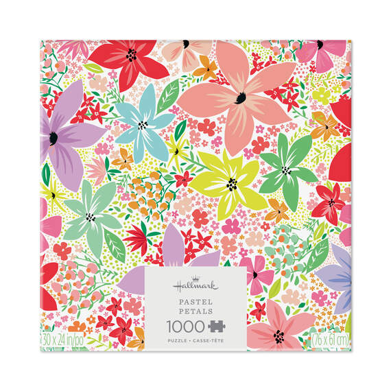 Hallmark Pastel Petals 1000-piece jigsaw puzzle featuring colorful illustrated pastel flowers in a charming springtime design
