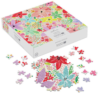 Hallmark Pastel Petals 1000-piece jigsaw puzzle featuring colorful illustrated pastel flowers in a charming springtime design

