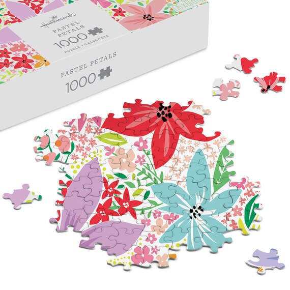Hallmark Pastel Petals 1000-piece jigsaw puzzle featuring colorful illustrated pastel flowers in a charming springtime design
