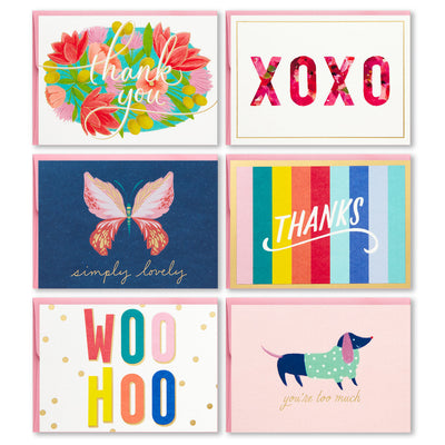Hallmark blank note cards boxed set with butterfly, dog, stripes, flowers, bold lettering, and foil accents, pack of 24