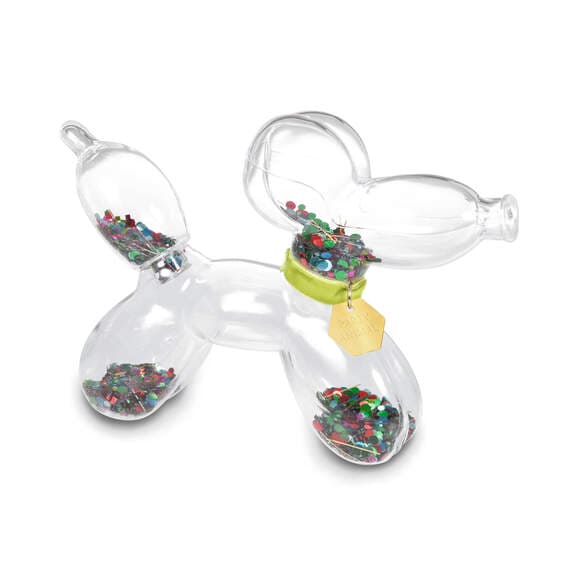Hallmark glass balloon dog figurine filled with colorful confetti and a gold “Party Animal” tag, perfect for birthday décor 
