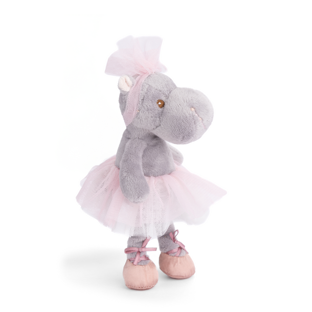 Plush hippo ballerina with a pink tutu, bow on her head, 6 inches tall, perfect for cuddling and play.

