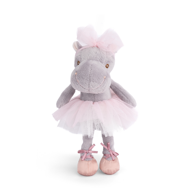 Plush hippo ballerina with a pink tutu, bow on her head, 6 inches tall, perfect for cuddling and play.

