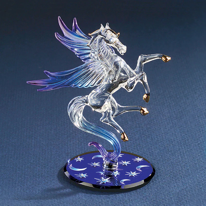 Handcrafted glass Pegasus figurine   placed on a blue beveled glass mirror and accented with genuine crystals, 22Kt gold
