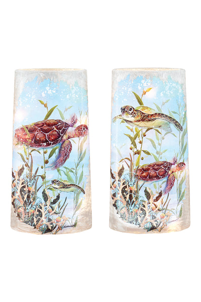 10-inch light-up glass vase with painted sea turtle design and power cord, perfect for ocean or beach-themed home decor.

