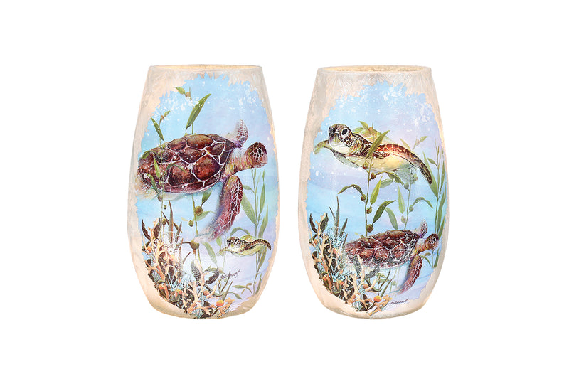 5-inch light-up glass vase with painted sea turtle design and power cord, ideal for beach-themed or coastal decor.

